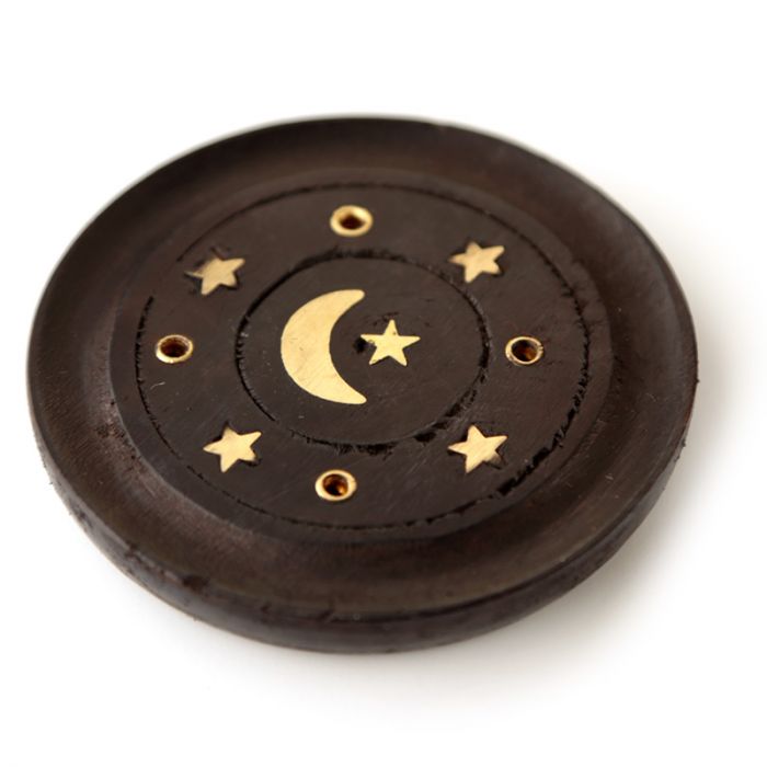 Mango Wood Moon and Stars Round Black Incense Ash-Catcher