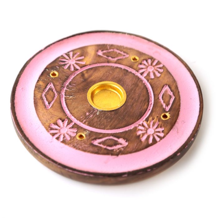 Mango Wood Round Pink Flower  Incense Ash-Catcher